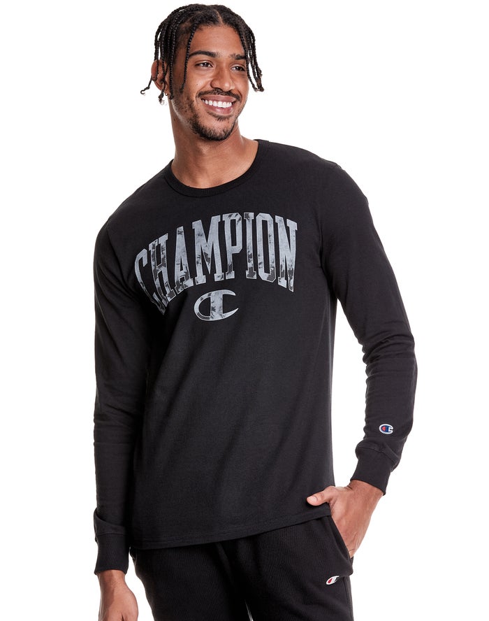 Champion Herre T-Shirts Sort - Heritage Long Sleeve Galaxy Dye Arch Logo - Danmark NGD-782405